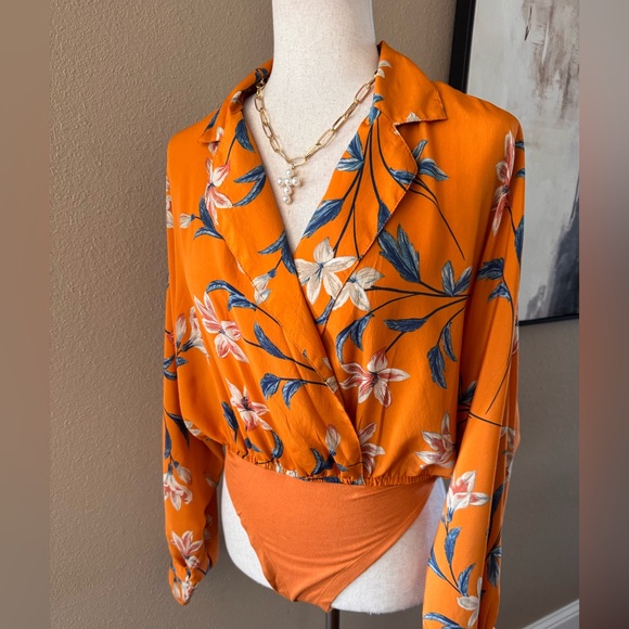 Floral Orange Wrap Long Sleeve Boho Bodysuit - Picture 3 of 9